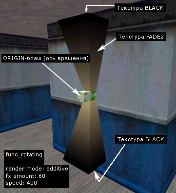 Создаем лучи из двух брашей (текстура FADE2) и браш-ось вращения (текстура ORIGIN)