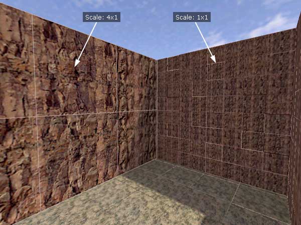 На левой стене масштаб текстур 4 к 1 (полигонов — 6); на правой стене — 1 к 1 (полигонов в 16 раз больше!)