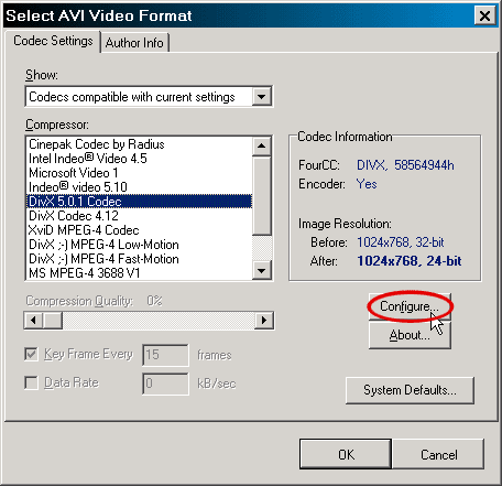 Выбираем DivX кодек и жмем кнопку Configure