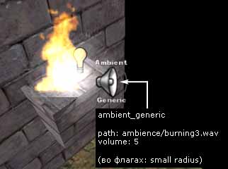 Создаем звук огня, объект ambient_generic