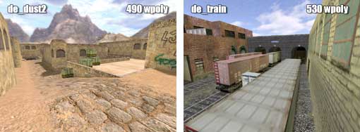 Примеры больших открытых пространств на de_dust2 и de_train